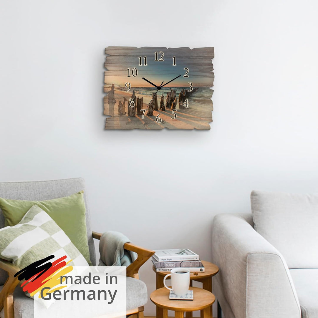 ARTLAND Wanduhr ohne Tickgeräusche aus Holz Quarz Uhr lautlos 40x30 cm Rechteckig Strand Meer Ostsee