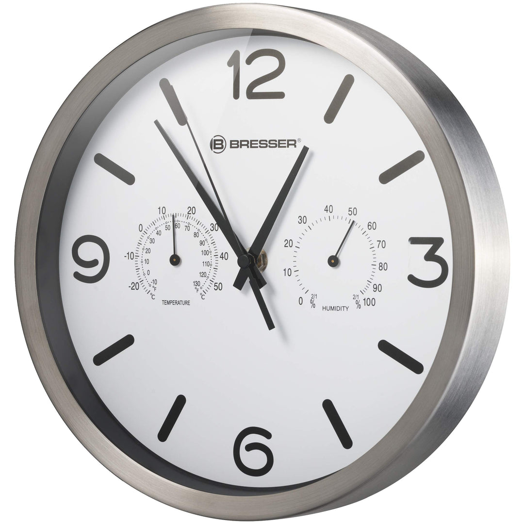Bresser Funkuhr Wanduhr MyTime ND Thermo-Hygro mit geräuschlosem Funkuhrwerk, Edelstahlrahmen und An