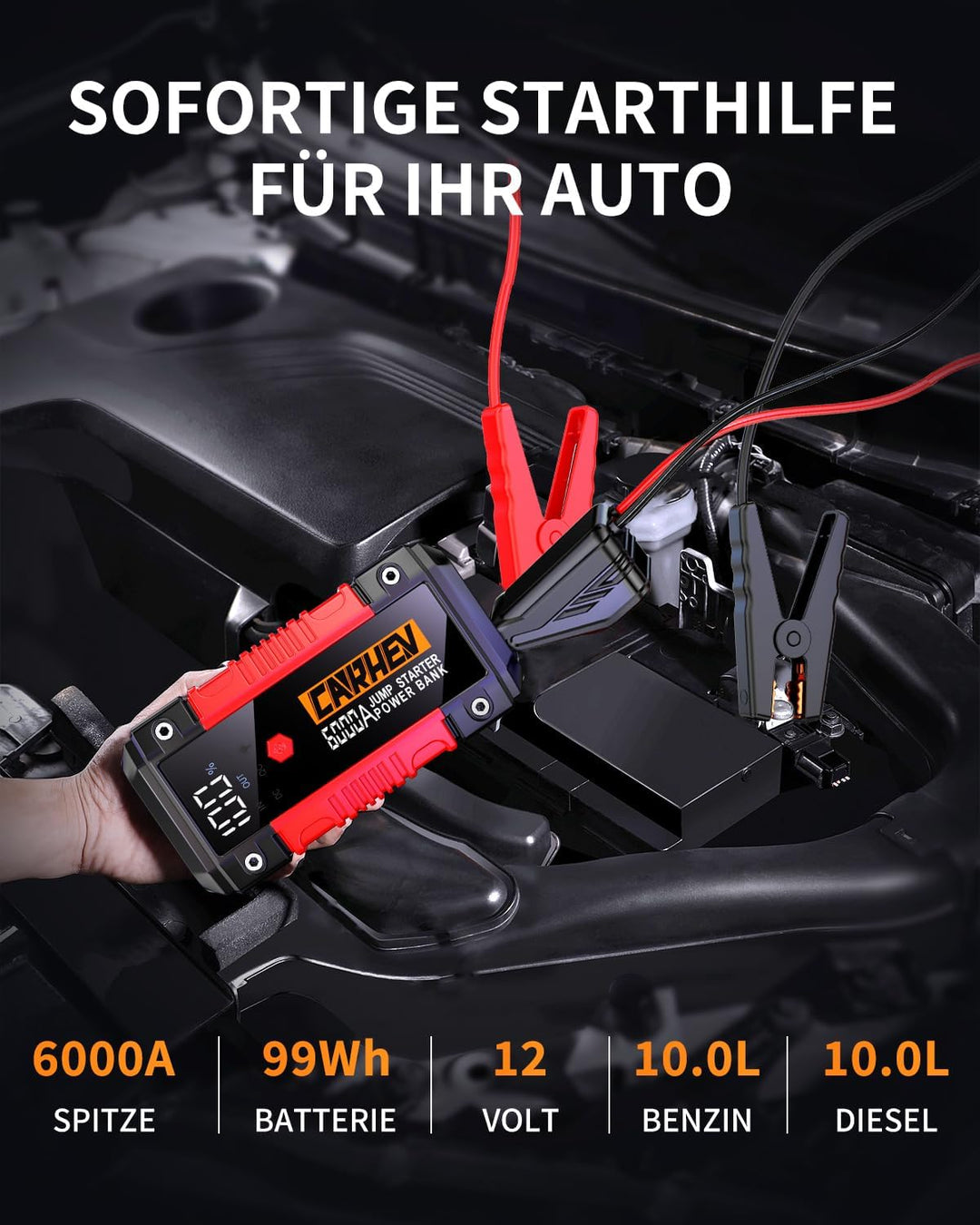 Starthilfe Powerbank für pkw, 6000A Spitzenstrom Auto Starthilfe Powerbank, 12V Starter Powerbank(Bi