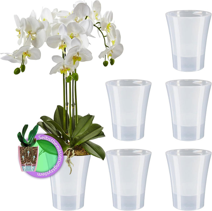 Santino 6er-Set Orchideentopf transparent mit selbstbewässerndem Dochtsystem - D 15 cm - Transparent