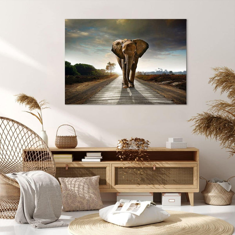 Bilder auf Leinwand 100x70cm Leinwandbild Elefant Strasse Landschaft Gross Wanddeko Bild Schlafzimme