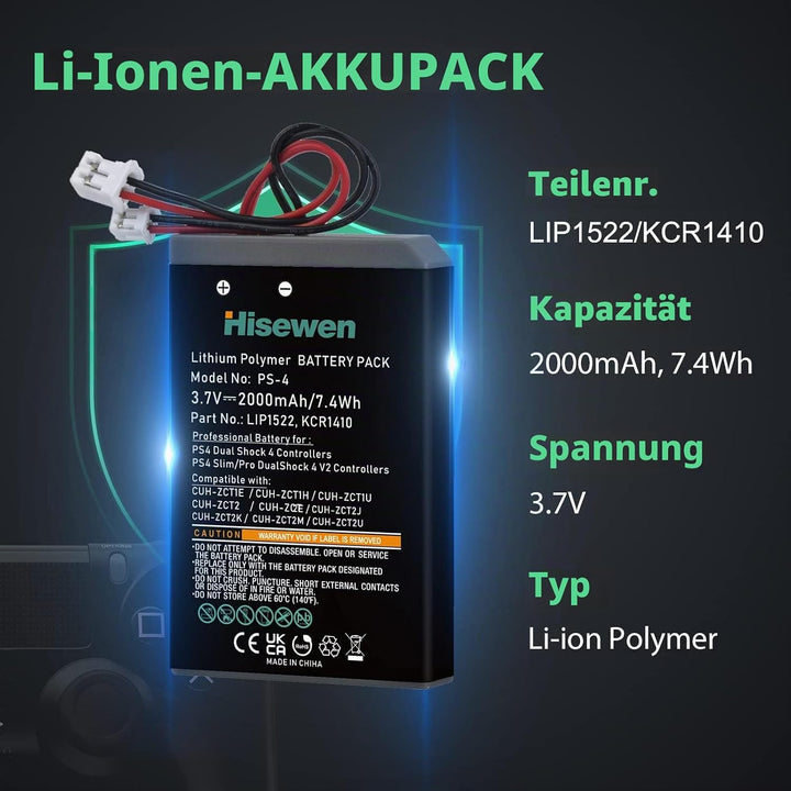 PS4 Controller Akku, Hisewen 2Pack 2000mAh PS4Pro LIP1522 KCR1410 Akkus für Sony Playstation 4 Duals