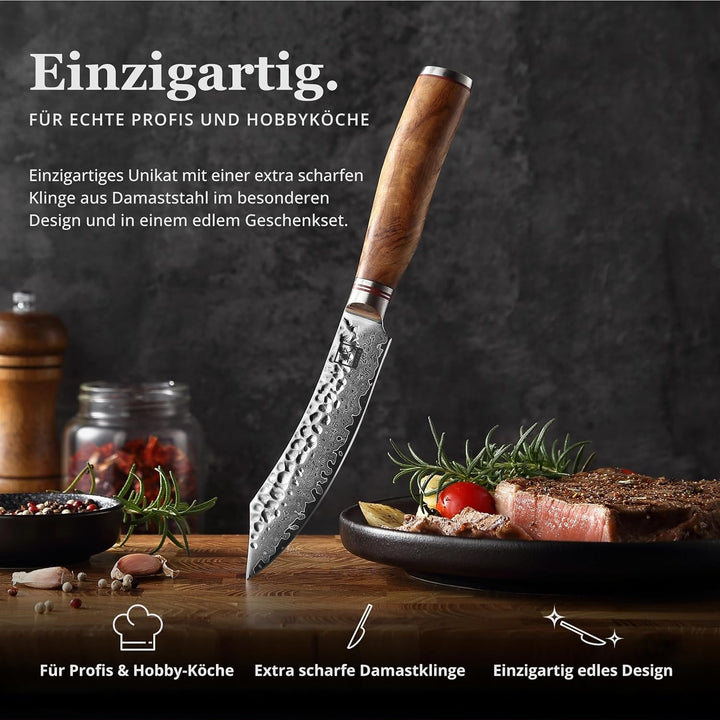 zayiko Minami Damast Steakmesser mit 12 cm Klinge aus 67 Lagen Damaststahl, VG10 Kern, Hammerschlag,
