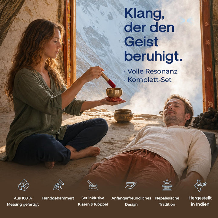 Tibetische Klangschale 13 cm | Meditations- & Yoga-Set mit Klöppel, Kissen & Geschenkbox | Entspanne