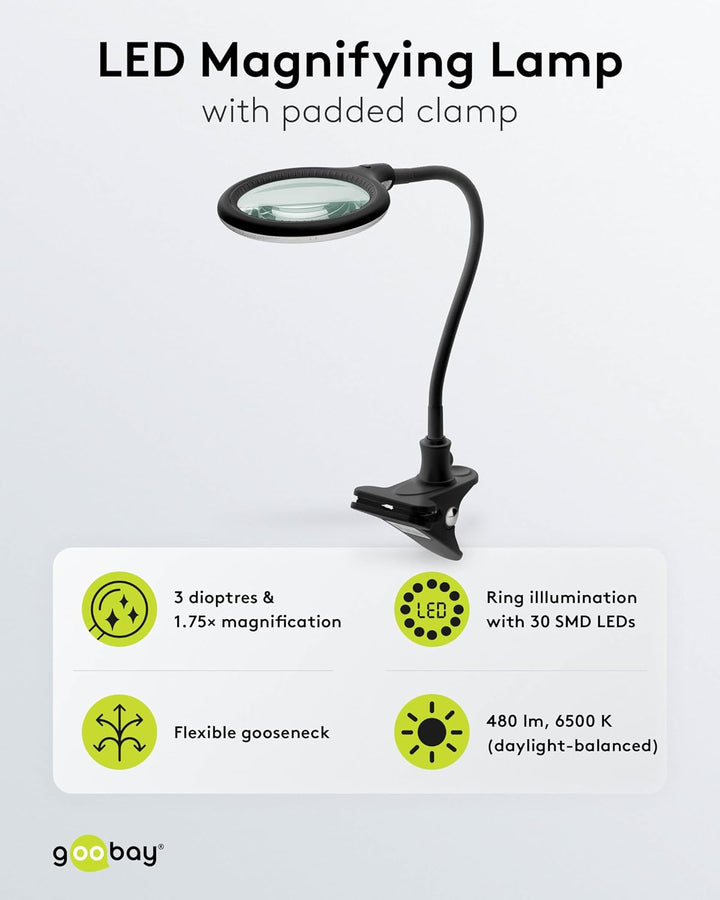 Goobay 65577 LED Lupenleuchte mit Klemme/Lupenlampe aus Plastik / 6 W Leistungsaufnahme, Farbtempera