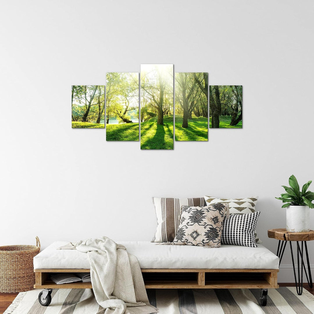 Runa Art Bild Schlafzimmer Wohnzimmer Wald Landschaft 5 Teilig Sonne Grün Wandbilder auf Vlies Leinw