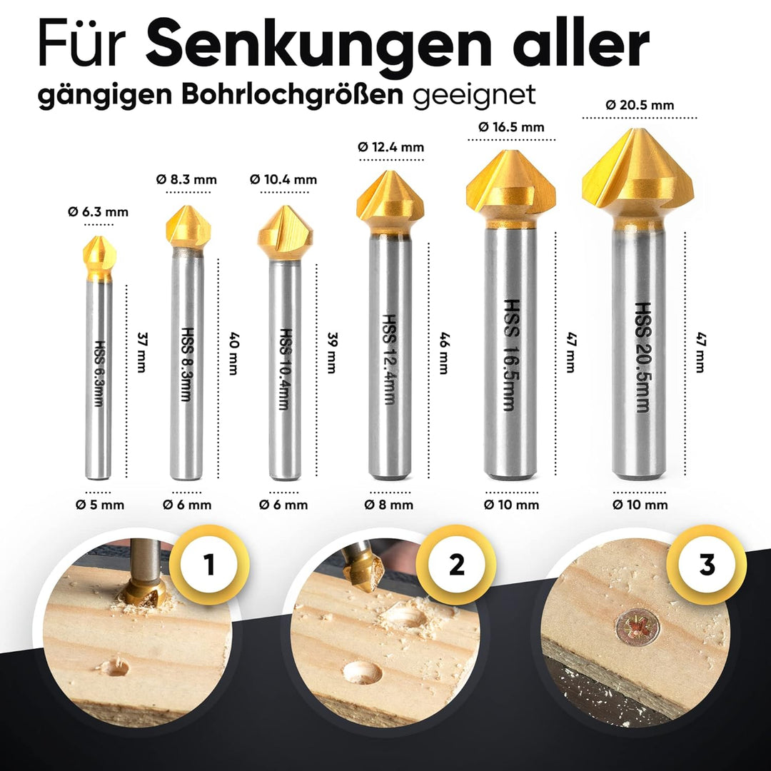 monkeystrong Kegelsenker 90° Ø 6,3-20,5 mm aus HSS Stahl - richtig scharf - Senker und Entgrater Set