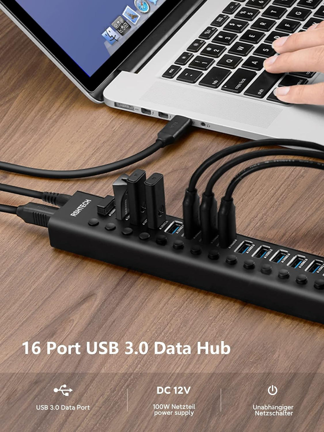 RSHTECH 16 Port USB Hub Aktiv 3.0 mit 100W Netzteil, Aluminium Multiport USB 3.0 Hub mit 12V/8.3A Ne