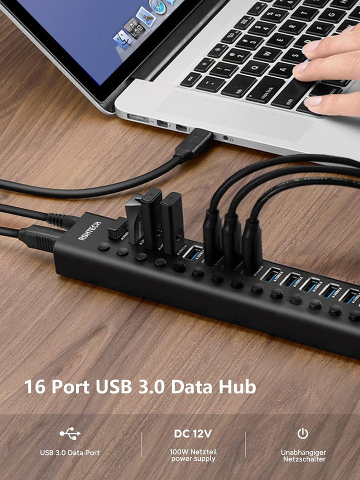 RSHTECH 16 Port USB Hub Aktiv 3.0 mit 100W Netzteil, Aluminium Multiport USB 3.0 Hub mit 12V/8.3A Ne