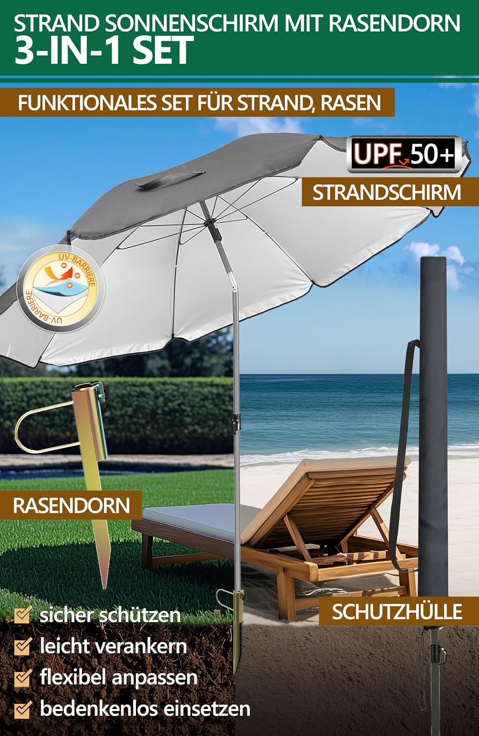 4smile Sonnenschirm Strand SunnyJoy Modern im 3er-Set, Anthrazit - Strandschirm windfest stabil 180