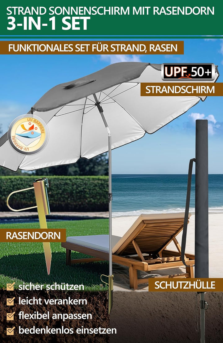 4smile Sonnenschirm Strand SunnyJoy Modern im 3er-Set, Anthrazit - Strandschirm windfest stabil 180