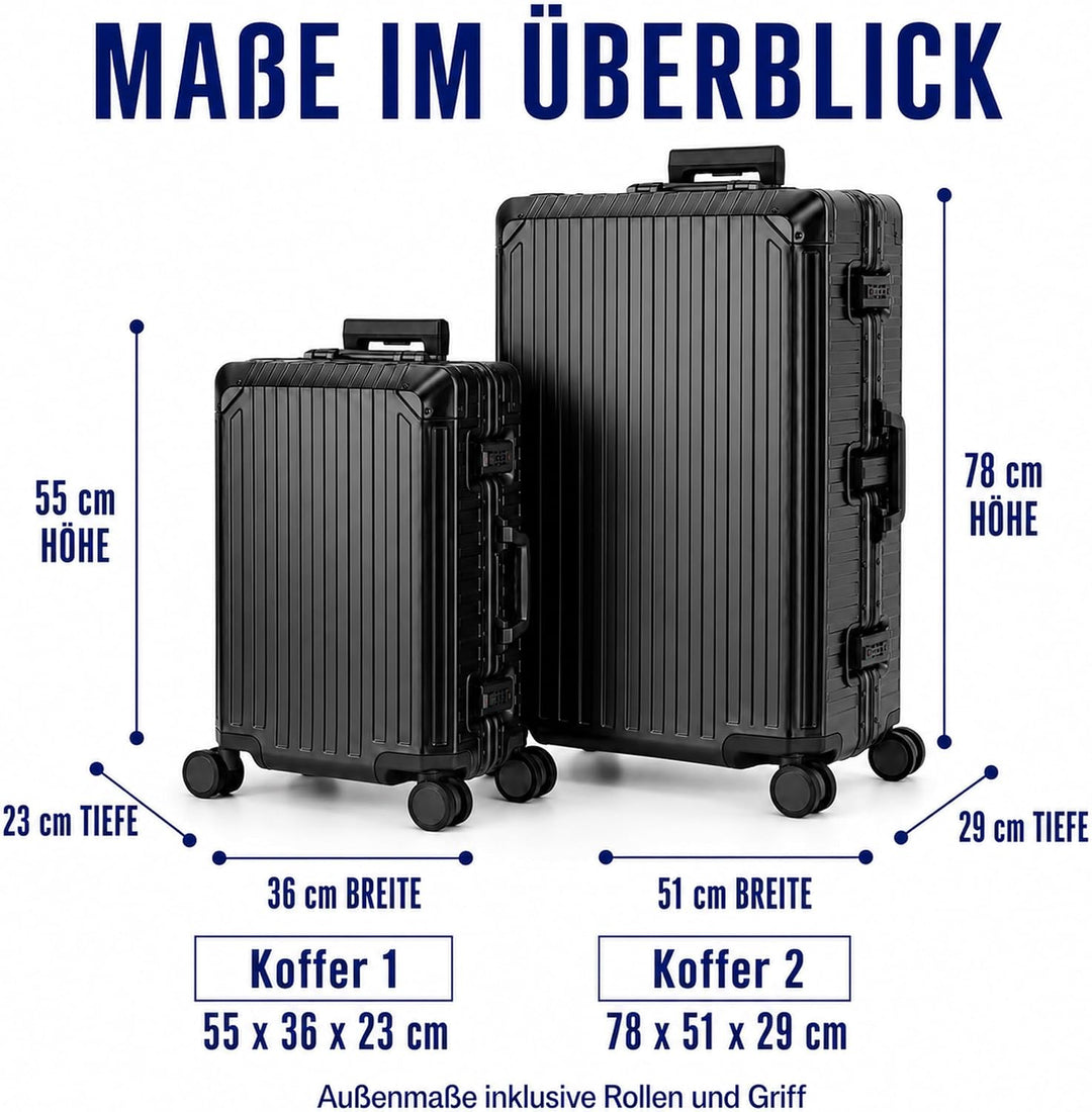 Travelhouse 100% Aluminium Kofferset Tokyo Schwarz S-55cm &amp; XL-78cm Hartschalenkoffer 2 ZSA Schlösse