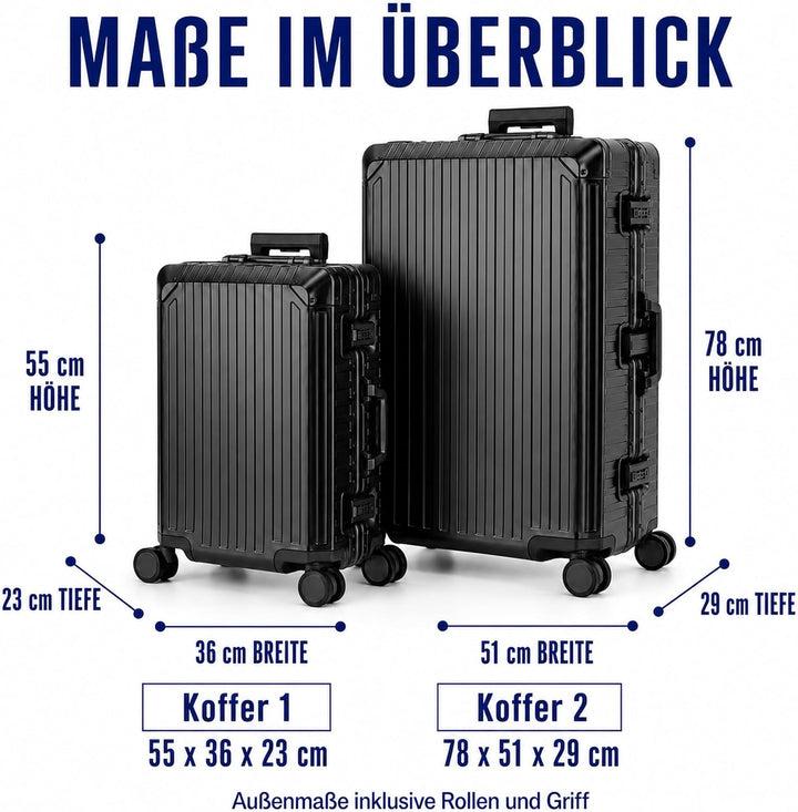Travelhouse 100% Aluminium Kofferset Tokyo Schwarz S-55cm &amp; XL-78cm Hartschalenkoffer 2 ZSA Schlösse
