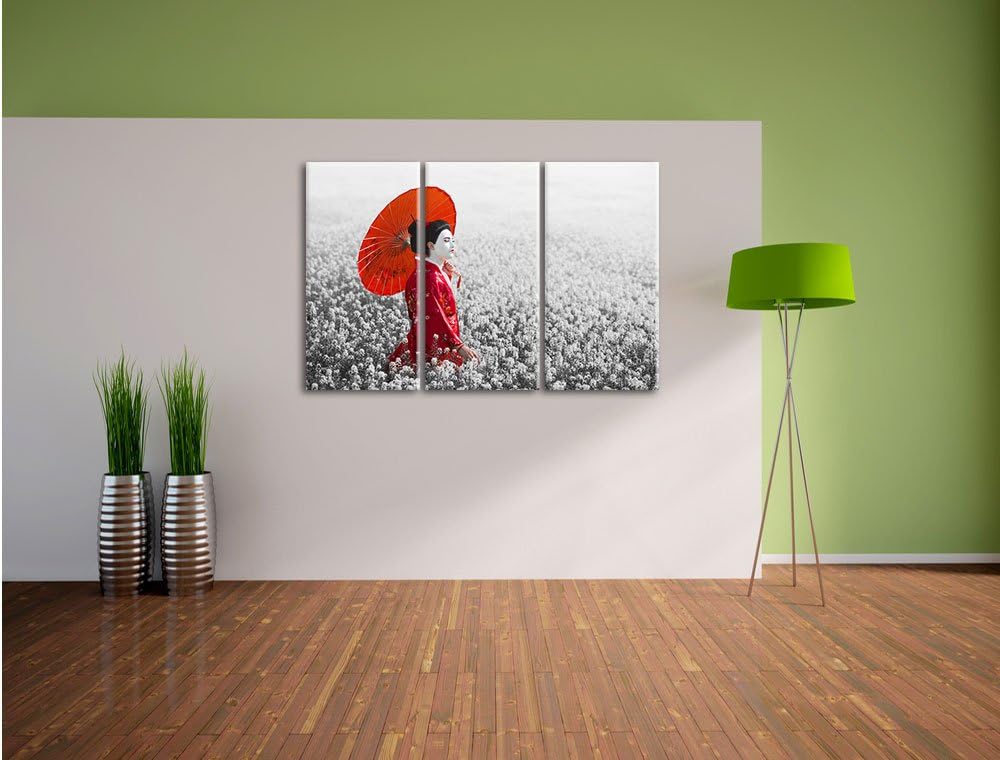 Pixxprint Geisha auf dem Feld als Leinwandbild/Grösse: 3 Teilig (120x80 cm) cm/Wandbild/Kunstdruck/f