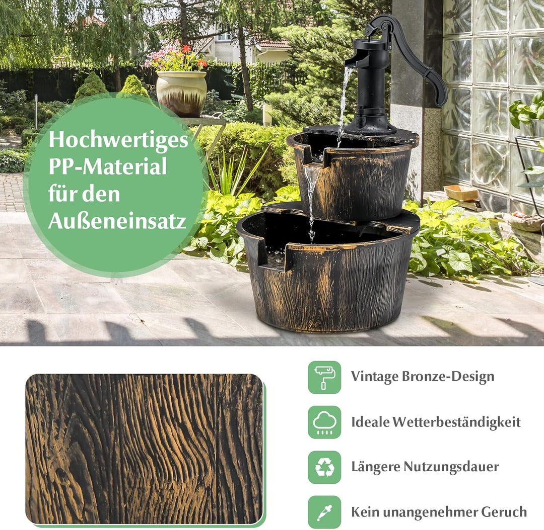 GOPLUS Gartenbrunnen Holz, Springbrunnen Zierbrunnen mit Pumpe, Fassbrunnen Wasserfall, Holzbrunnen