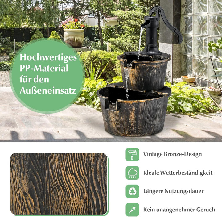 GOPLUS Gartenbrunnen Holz, Springbrunnen Zierbrunnen mit Pumpe, Fassbrunnen Wasserfall, Holzbrunnen