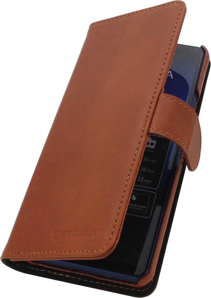 STILGUT Schutzhülle für Sony Xperia 10 II, mit Magnetverschluss, echtes Leder, Cognac, cognac