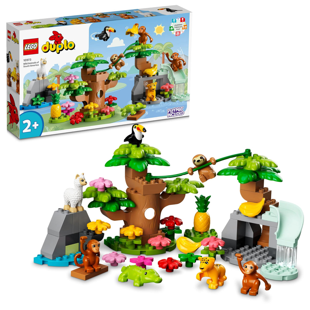 LEGO 10973 DUPLO Wilde Tiere Südamerikas Spielzeug-Set mit 7 Tierfiguren, Steine und Dschungel-Spiel
