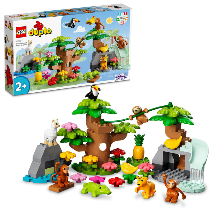 LEGO 10973 DUPLO Wilde Tiere Südamerikas Spielzeug-Set mit 7 Tierfiguren, Steine und Dschungel-Spiel