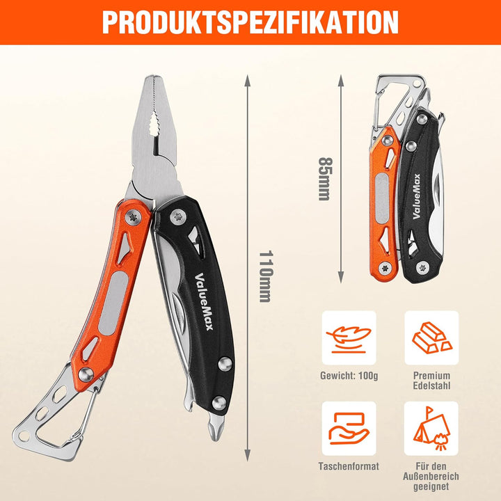 ValueMax Multifunktionszange, 9-in-1 Mini Multitool, Multifunktionstool mit Zange und Messer, Campin