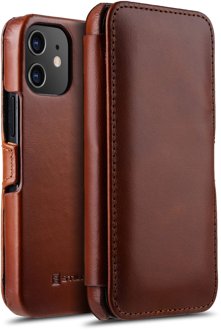 STILGUT Book Case kompatibel mit iPhone 12 Mini (5.4“) Hülle aus Leder mit Clip-Verschluss, Klapphül