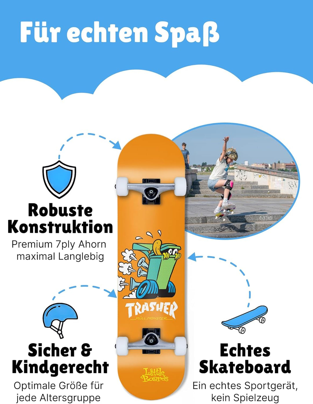 Skateboard für Kinder - hochwertiges Komplettboard für Anfänger ab 3 oder 4 Jahren, aus 7 Lagen Ahor