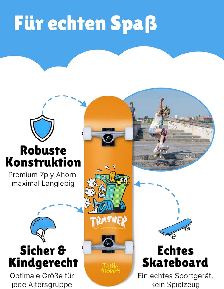 Skateboard für Kinder - hochwertiges Komplettboard für Anfänger ab 3 oder 4 Jahren, aus 7 Lagen Ahor