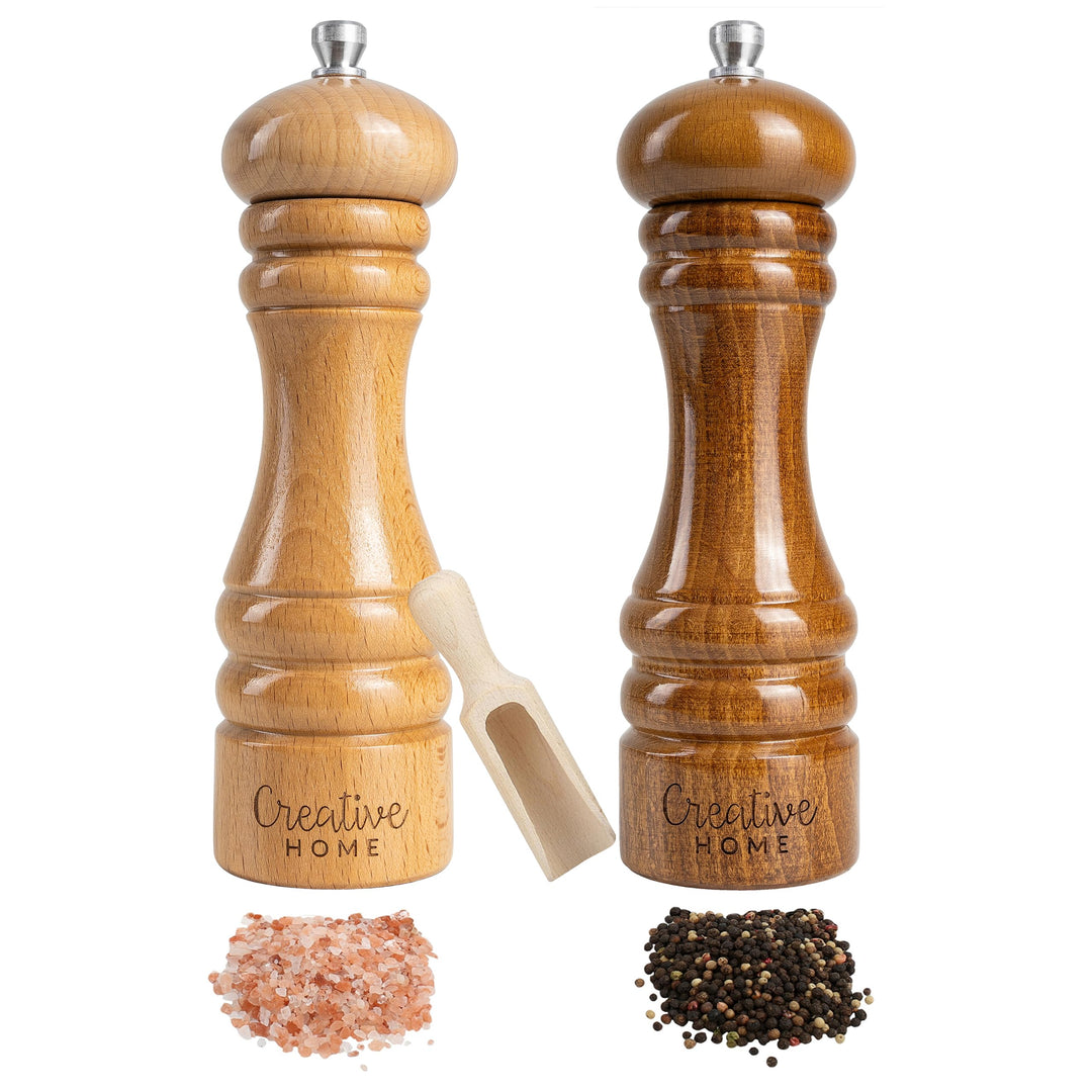 Creative Home Grosse Salz und Pfeffermühle Holz | Set von 2 Mühlen mit Mini-Holzschaufel | 18cm Höhe