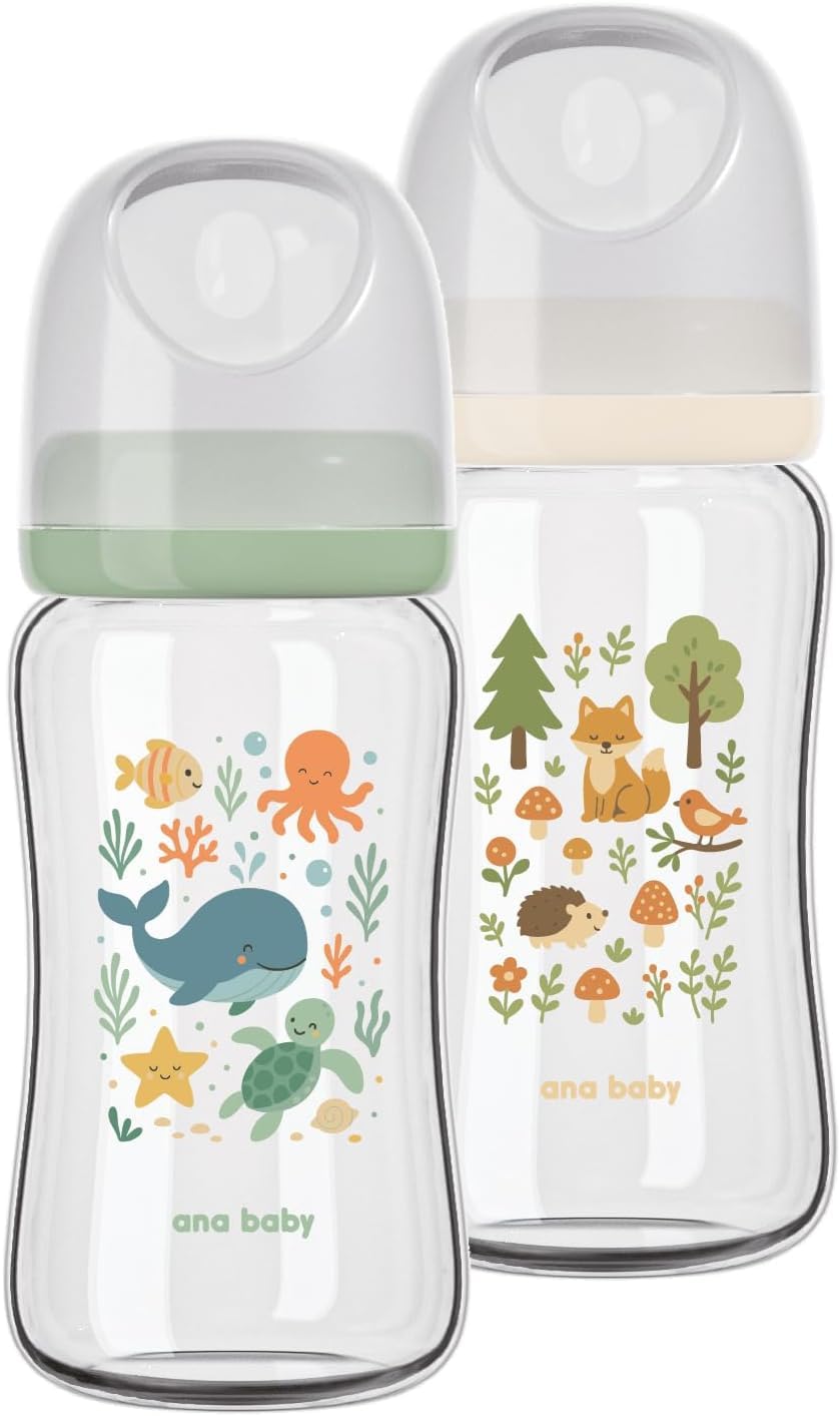 Ana Baby Babyflaschen aus reinem Glas, 2er-Set, BPA-freie Borosilikatglasflaschen mit weichem Siliko