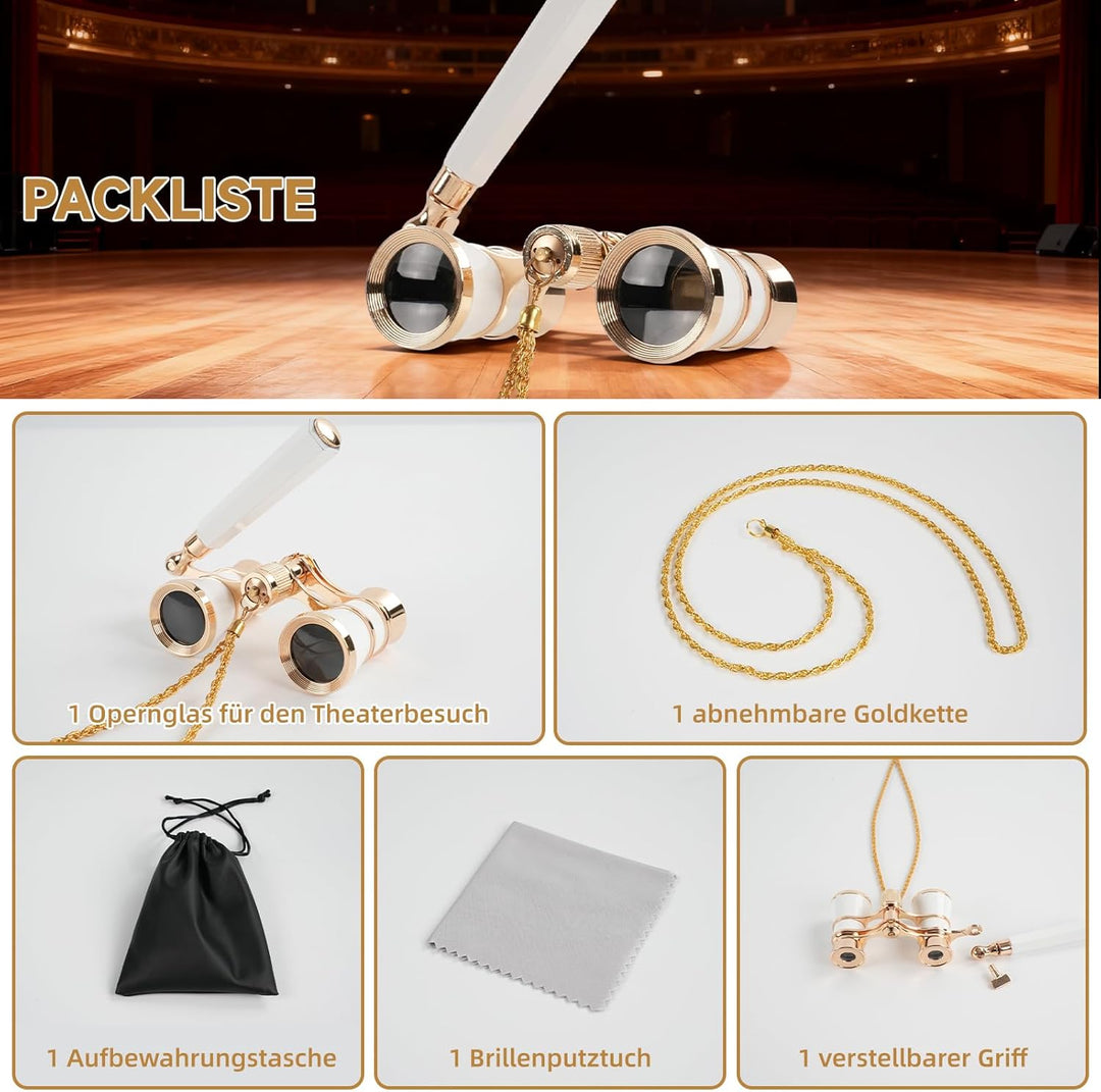 Faltbares Opernglas 3x25 Theaterglas für Damen und Mädchen, Tragbares Fernglas mit Metallkette &amp; Auf