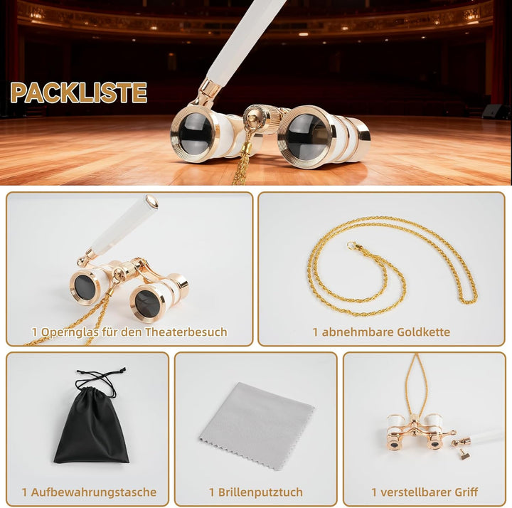 Faltbares Opernglas 3x25 Theaterglas für Damen und Mädchen, Tragbares Fernglas mit Metallkette &amp; Auf
