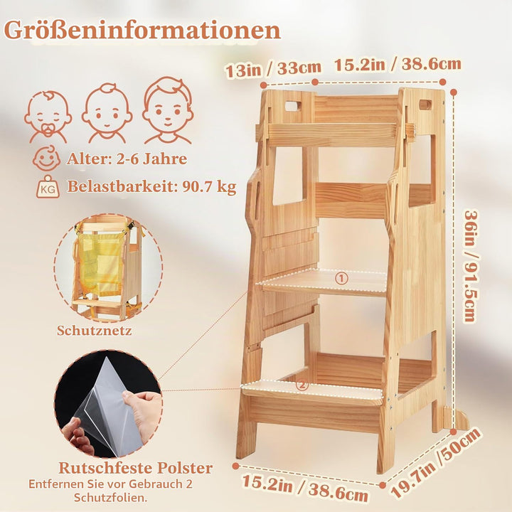 FUNLIO Lernturm ab 2 Jahre mit Sicherheitsnetz, Kinderküchen-Tritthocker, 3-stufig Verstellbarer Tri