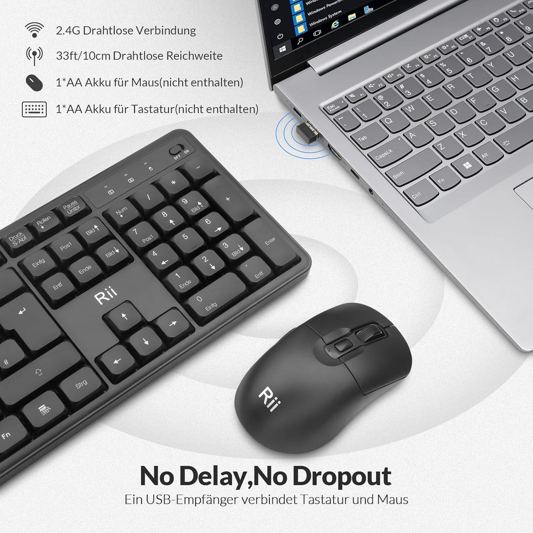 Rii Tastatur Maus Set Kabellos, 2.4 GHz Leise Funktastatur mit Maus, Wireless Keyboard and Mouse, fü