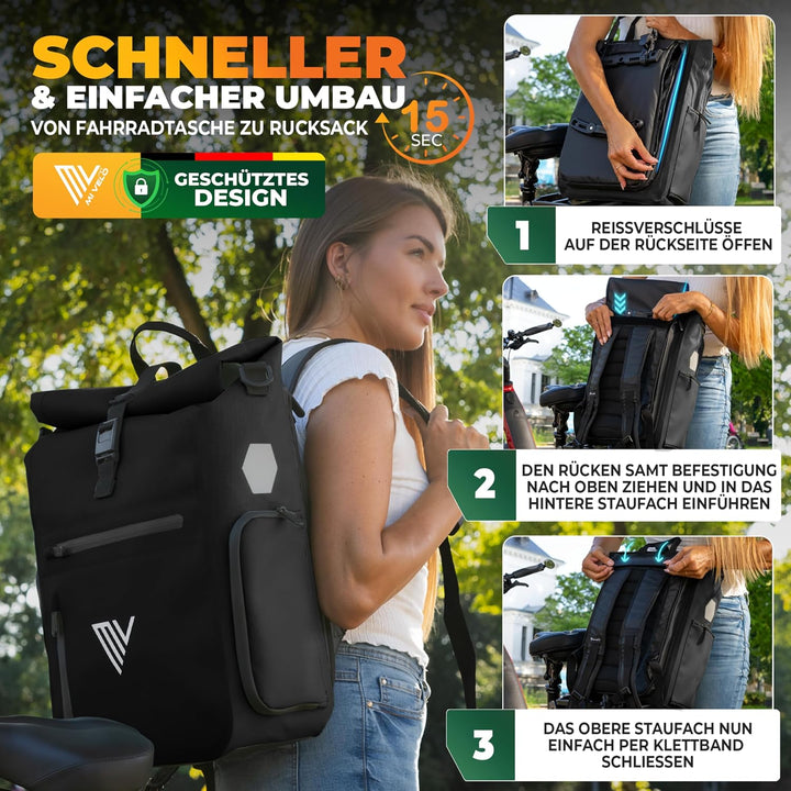 MIVELO 3in1 Fahrradtasche für Gepäckträger I Rucksack &amp; Gepäckträgertasche hinten - in 15 Sekunden u