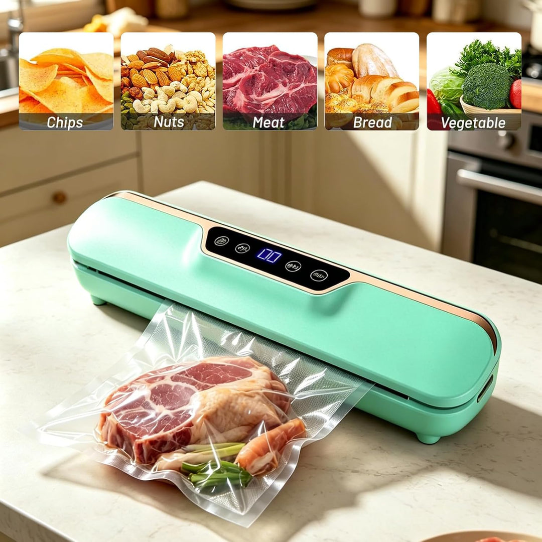 Vakuumiergerät 120W, 4 Modi Doppelsiegelung 50 Beutel (Grün) | Automatisch für trockene &amp; feuchte Le