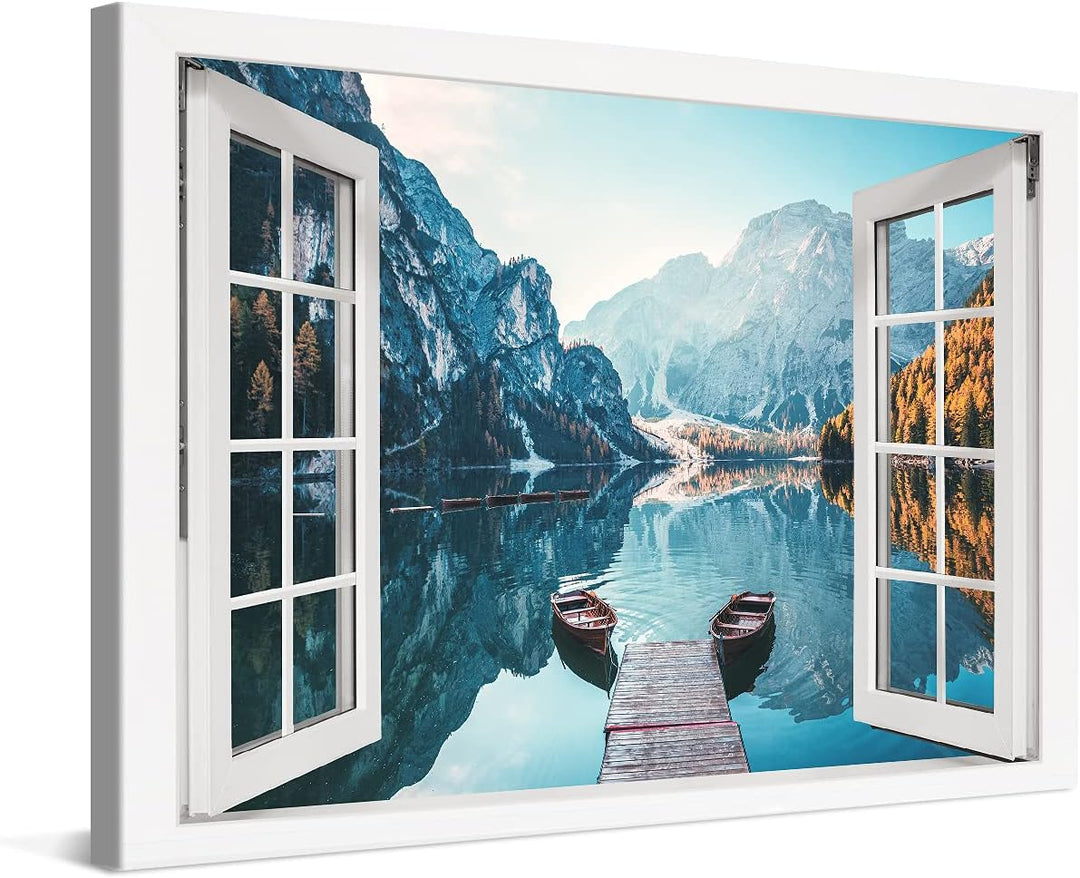 PICANOVA – Bild auf Leinwand Dolomites Bergsee Pragser Wildsee Fenster 120x80cm Leinwandbild – Premi