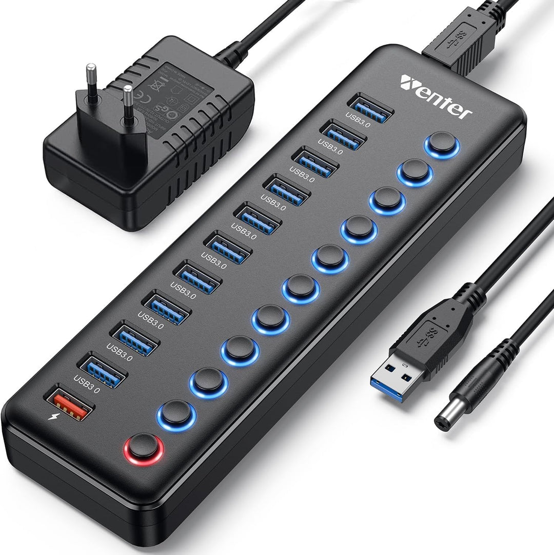 Powered USB Hub, Wenter 11-Port USB Splitter Hub (10 Faster Data Transfer Ports+ 1 Smart Charging Po