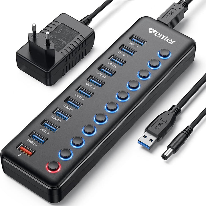 Powered USB Hub, Wenter 11-Port USB Splitter Hub (10 Faster Data Transfer Ports+ 1 Smart Charging Po