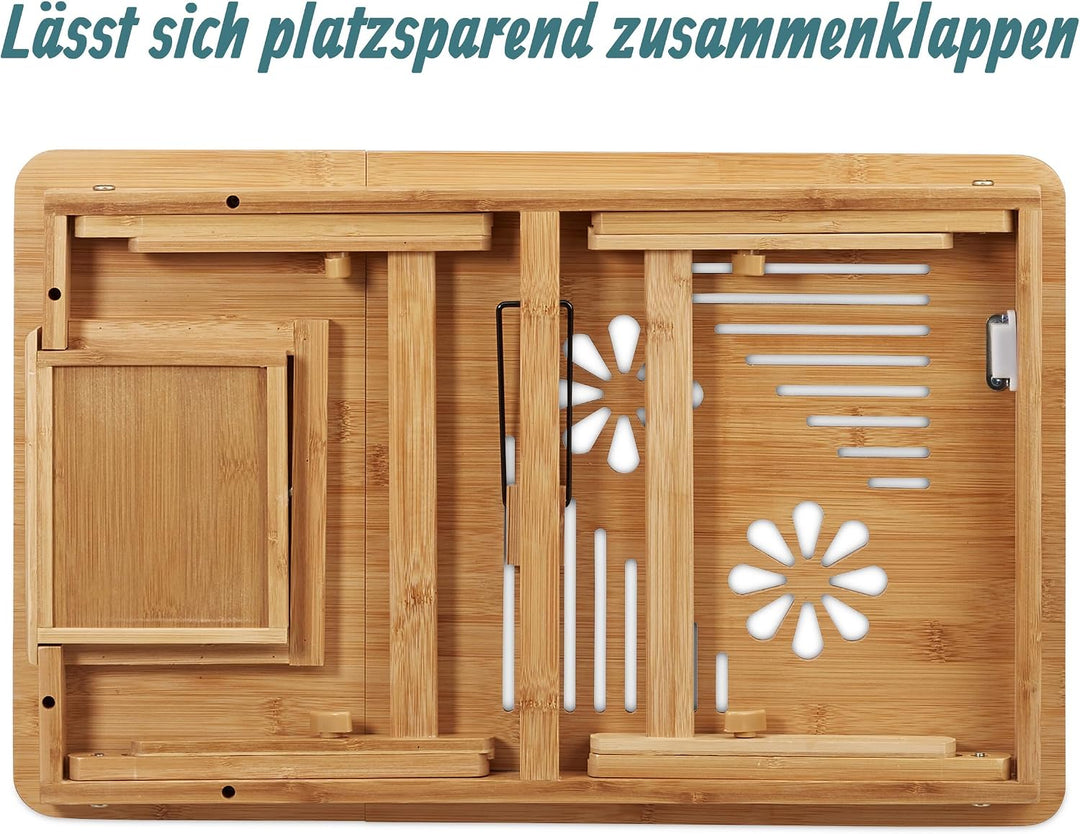 Relaxdays, Natur Höhenverstellbarer Laptoptisch fürs Bett, Bambus Notebooktisch m. Schublade, HxBxT: