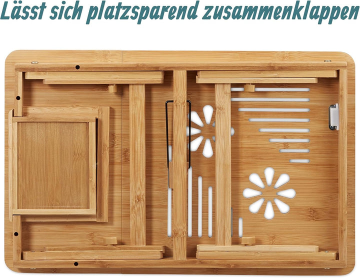 Relaxdays, Natur Höhenverstellbarer Laptoptisch fürs Bett, Bambus Notebooktisch m. Schublade, HxBxT: