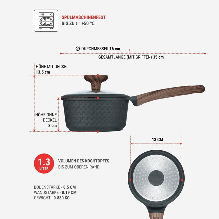 RESTO 93900 Stielkasserolle mit Glasdeckel Ø16cm schwarz 1,3L - stilvoller Topf antihaftbeschichtet,