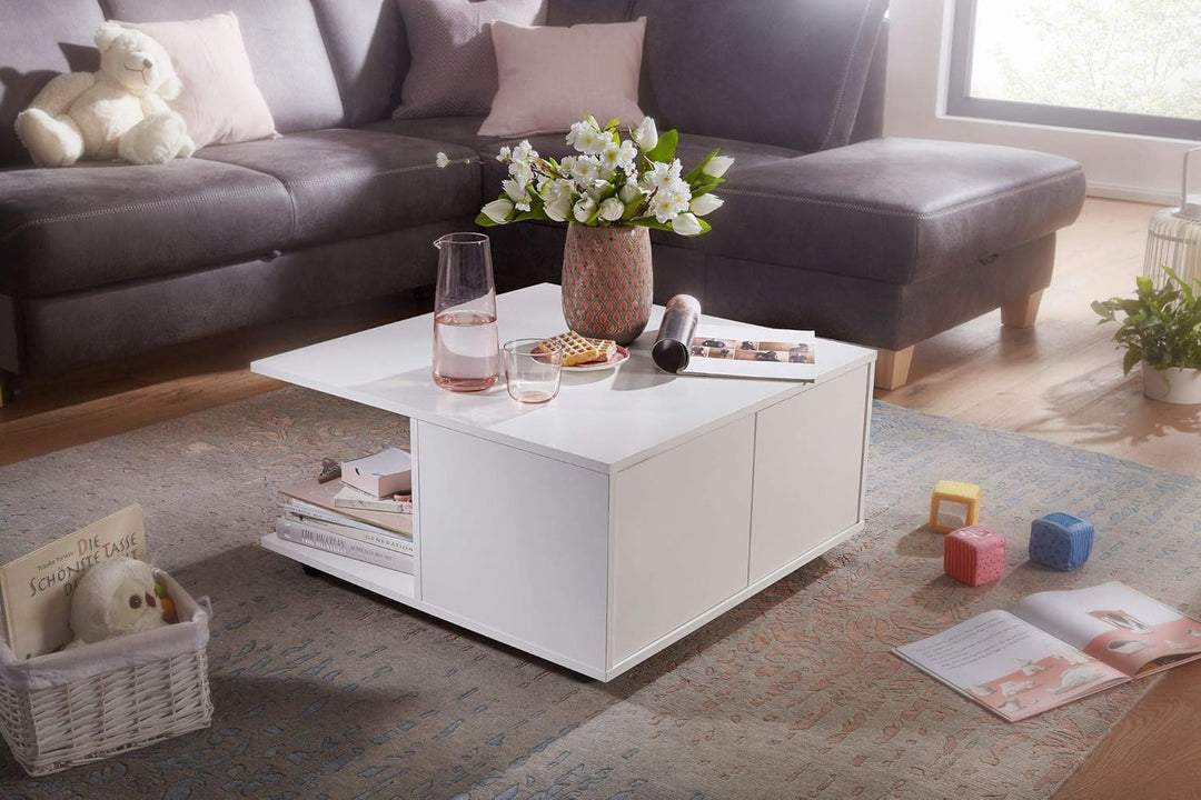 Couchtisch RAPIDO: 70x70x36,5 cm, 2 Schubladen, Rollen, Melaminharzbeschichtung, Weiss/Anthrazit Far