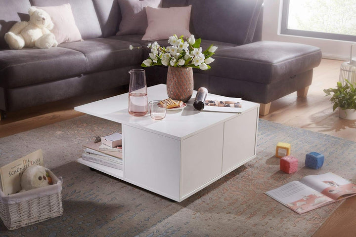 Couchtisch RAPIDO: 70x70x36,5 cm, 2 Schubladen, Rollen, Melaminharzbeschichtung, Weiss/Anthrazit Far