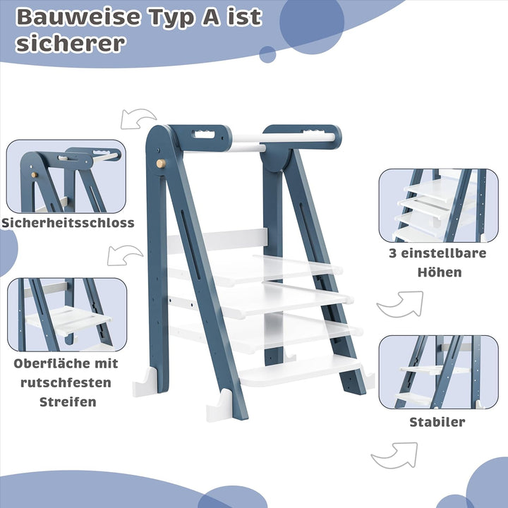 Klappbarer Toddler Tower Tritthocker, Höhenverstellbarer Kinderhocker mit Sicherheitsleiste & Rutsch