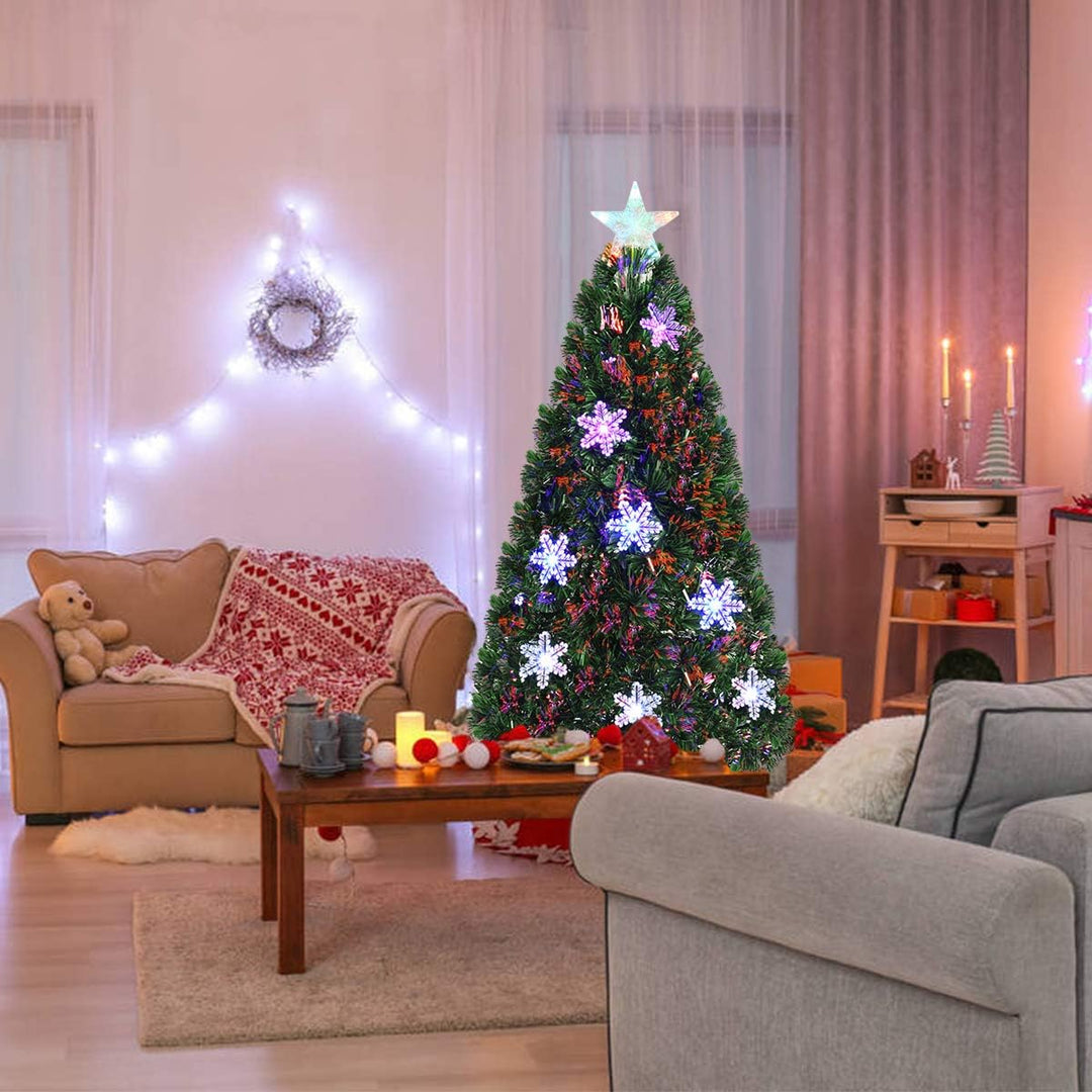 COSTWAY 150 cm LED Künstlicher Weihnachtsbaum mit Glasfaser-Farbwechsler und Sternspitze, Tannenbaum