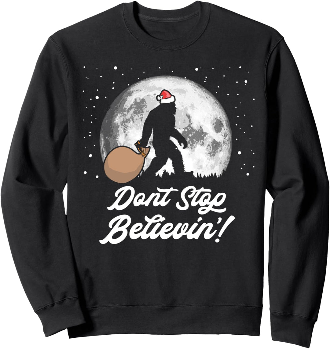 Don't Stop Believin'! Funny Bigfoot Santa Moon Christmas Sweatshirt