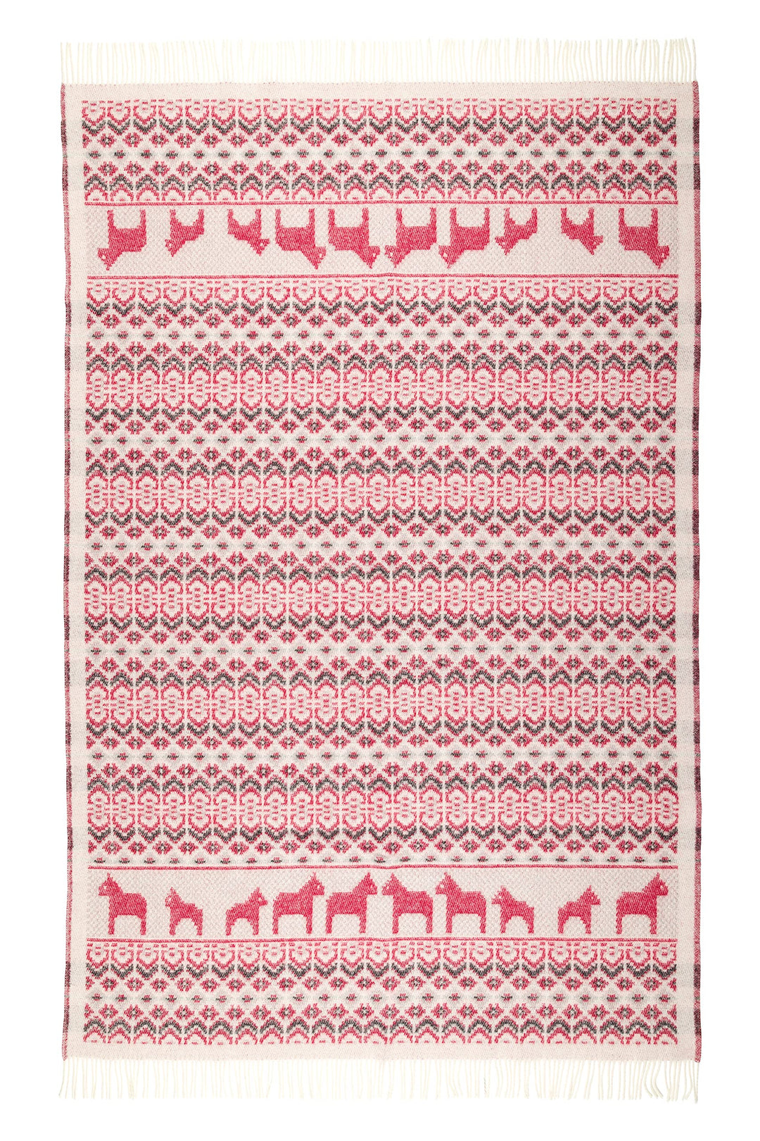 ÖJBRO VANTFABRIK "Dalarna gewebte Wolldecke mit Fransen 130x220 cm rot/beige/schwarz 100% Merinowoll