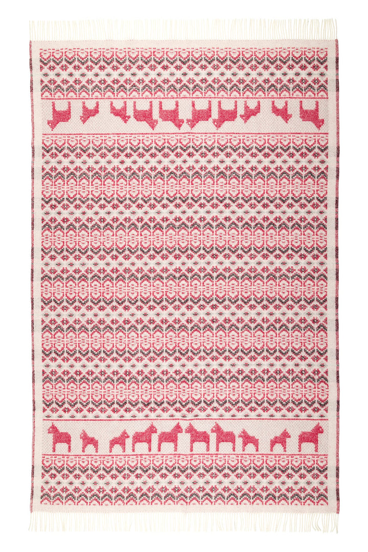 ÖJBRO VANTFABRIK "Dalarna gewebte Wolldecke mit Fransen 130x220 cm rot/beige/schwarz 100% Merinowoll