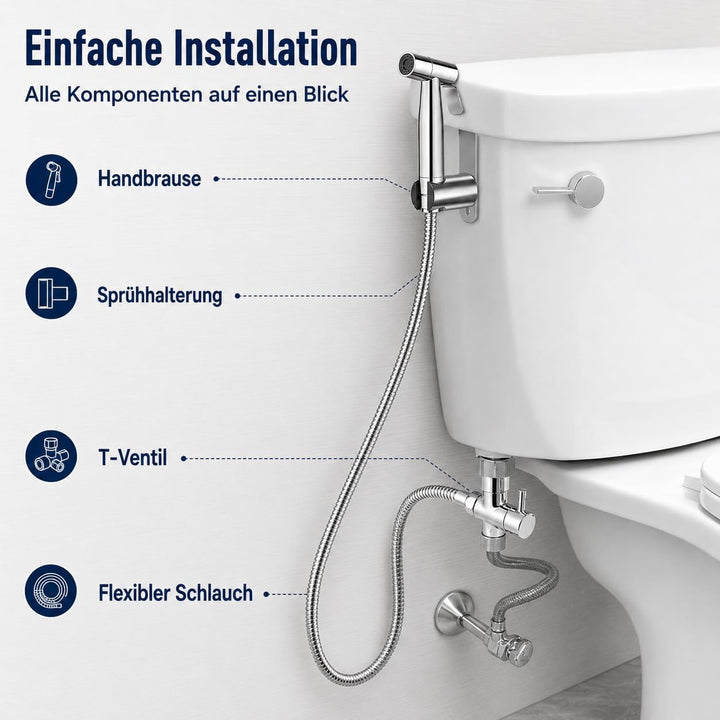 Bidet Handbrause Set aus 304 Edelstahl, Toilettensprühgerät mit G1/2-Zoll T-Adapter, 1,5m Brauseschl