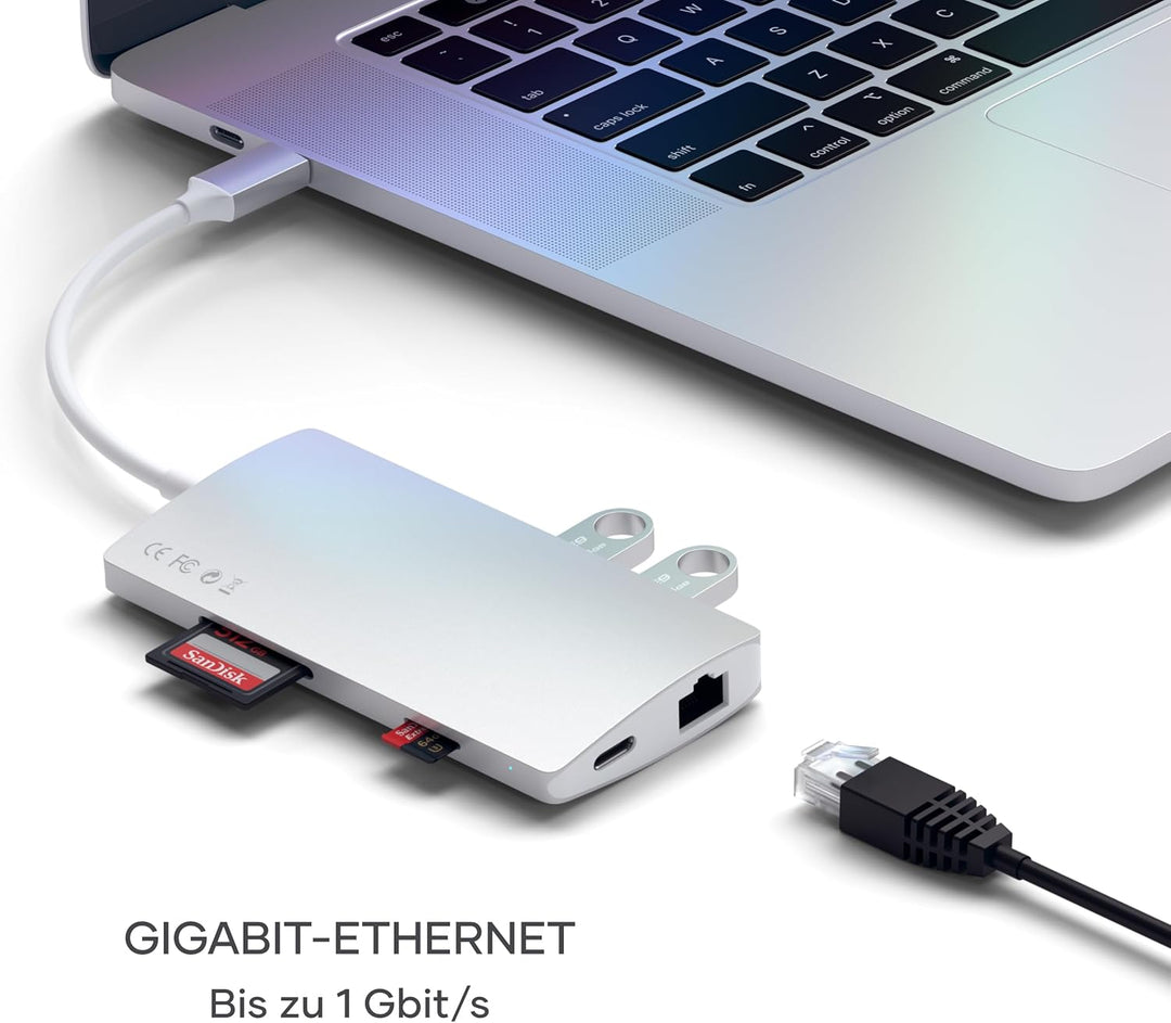 SATECHI 8-in-1 USB-C-Hub mit Ethernet, HDMI 4K@60Hz, 60 W PD-Ladefunktion, 3 x USB-A 10 Gbit/s, Date